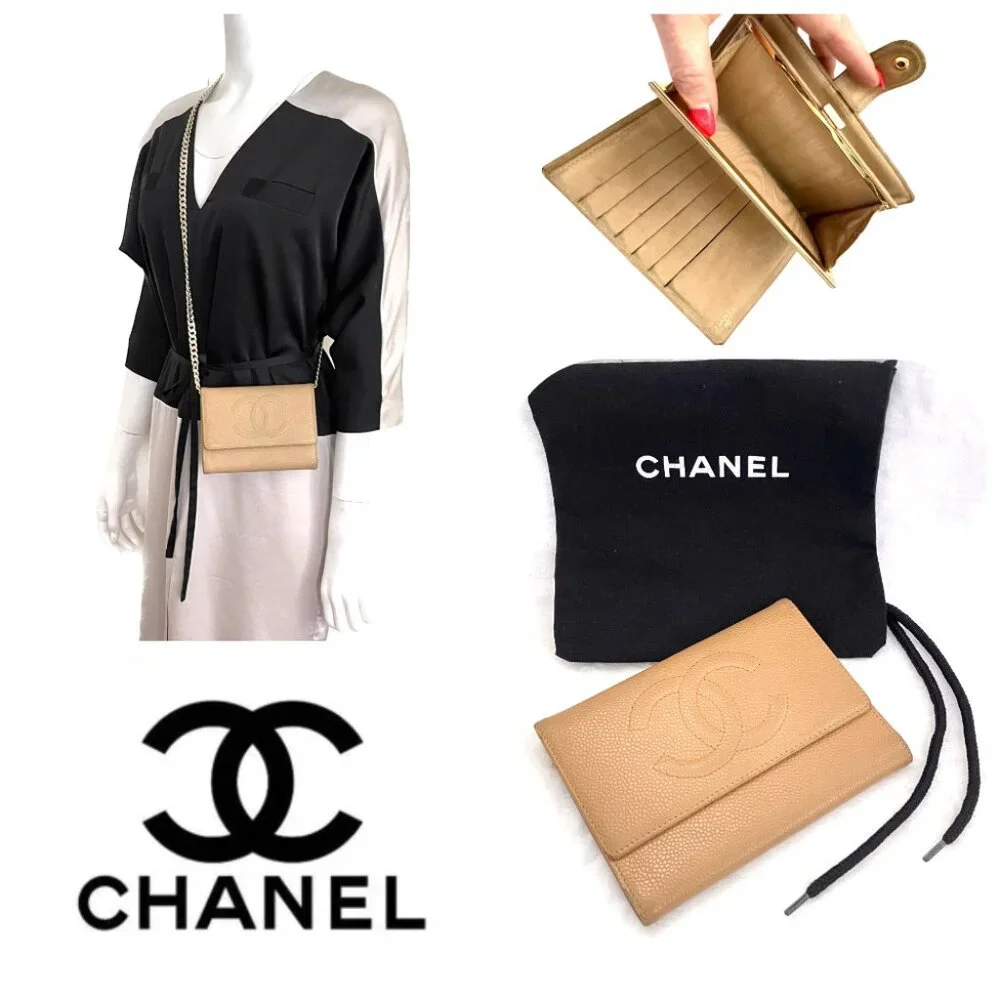 Chanel vintage large beige Caviar CC trifold wallet
